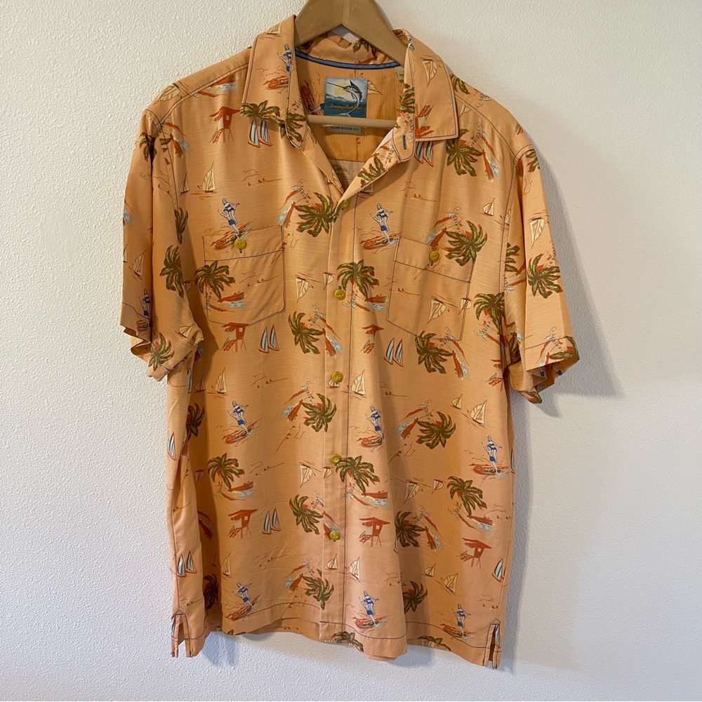 Tommy Bahama Silk Hawaiian Aloha Shirt Orange Tropical Camp Button Up-Large